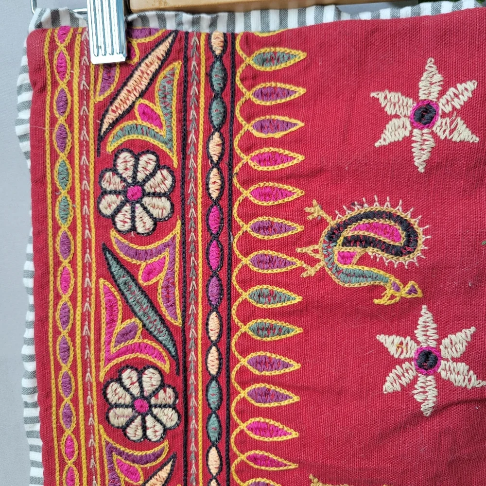 Pottery Barn Etta Embroidered‎ Floral Stripe Lumbar Pillow Cover Red 16